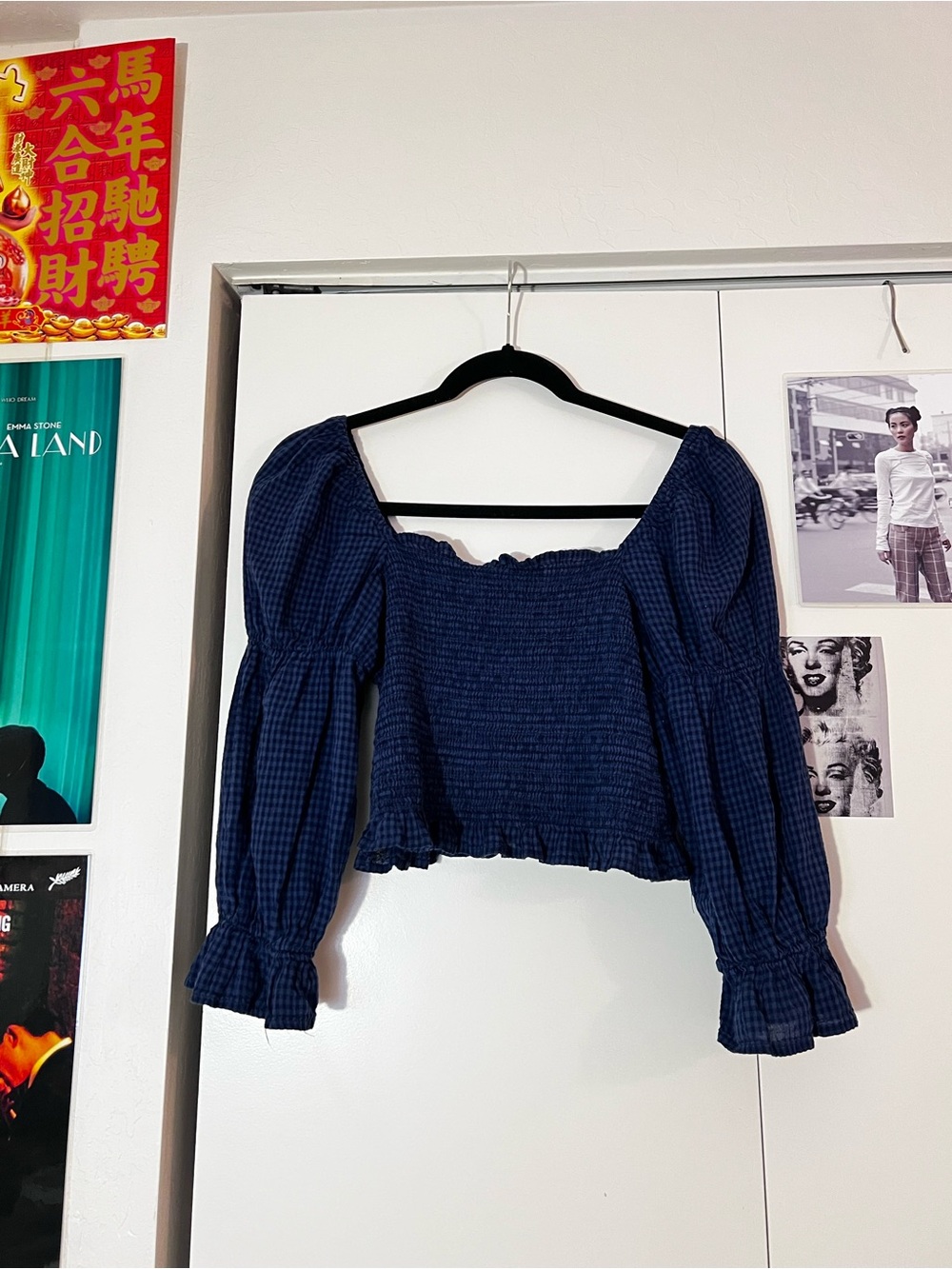 Cotton On Navy Blue Smocked Square Neckline Puff-Sleeve Blouse, size M